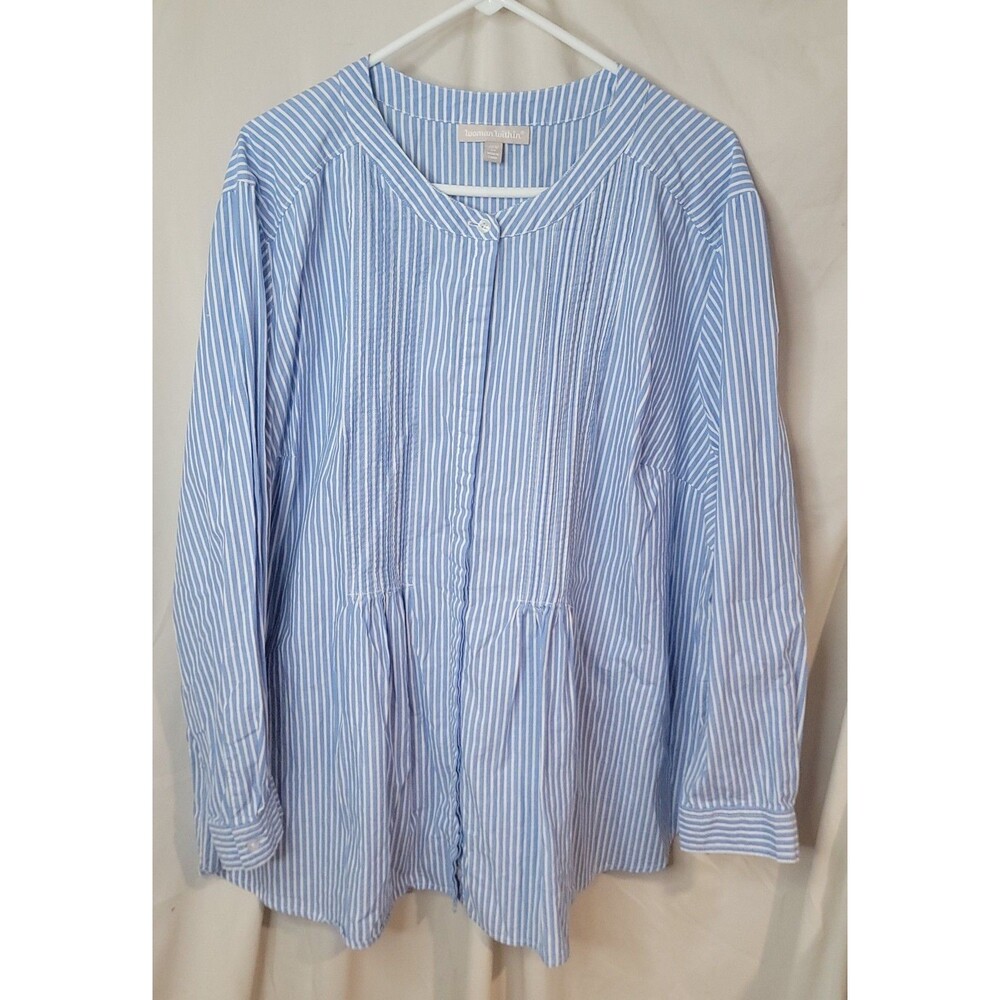 Woman Within 3X Blue White Striped Peplum Blouse Pintuck Long Sleeve Plus 30-32